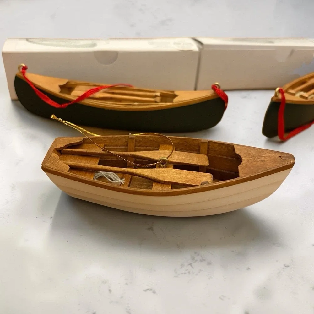 Vintage Restoration Hardware Canoe Christmas Ornaments Wood Boat Lot of 4